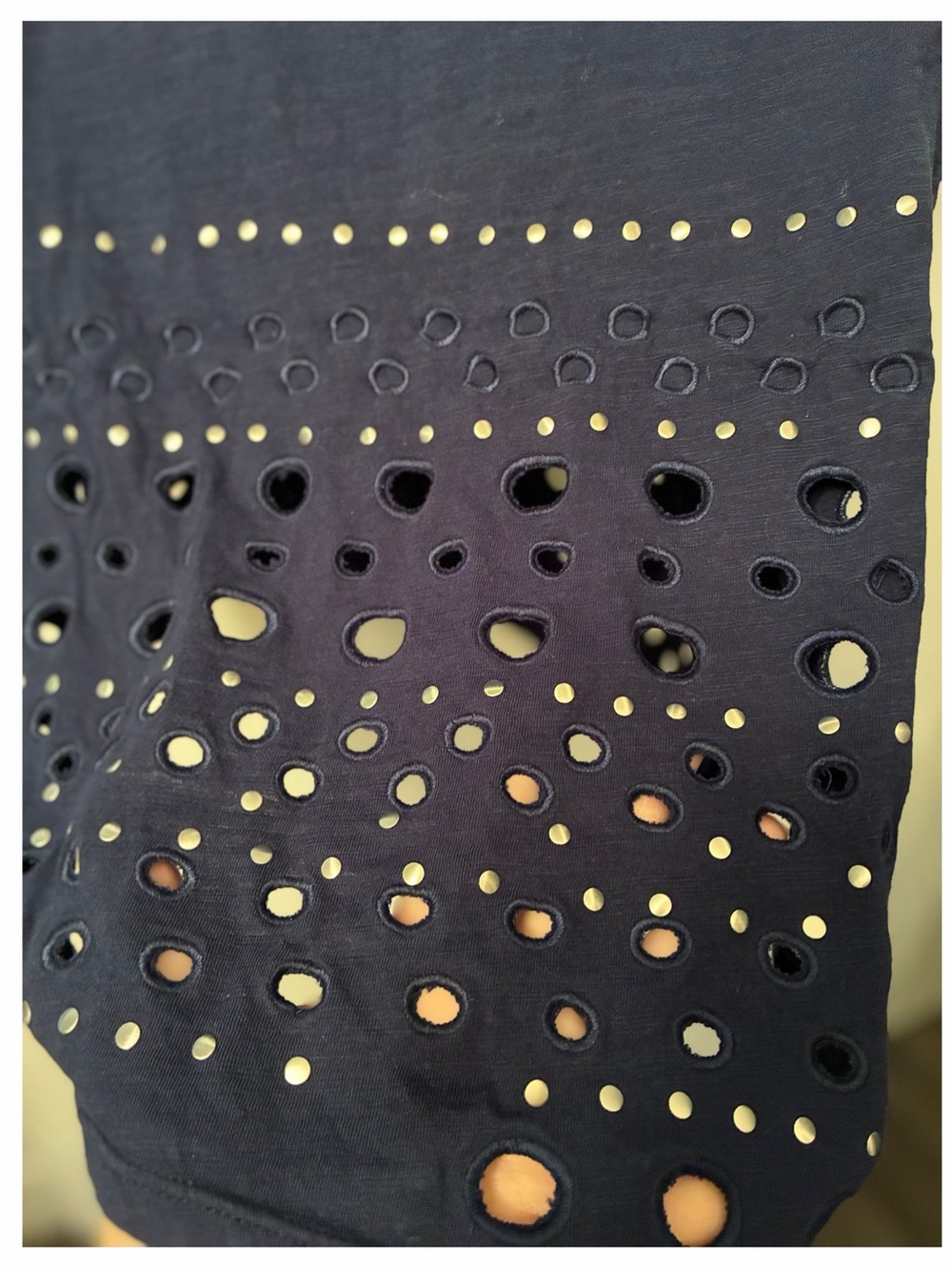 NEON BUDDHA Heartbeat Navy Studded Eyelet Asymmetrical Shift Dress L Lagenlook - Picture 14 of 16